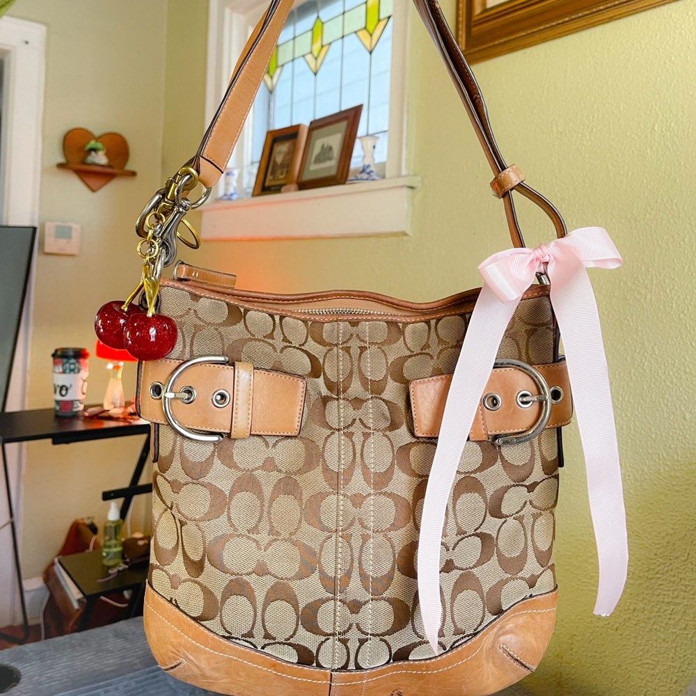 Coach Tan and Brown Patterned Shoulder Bag